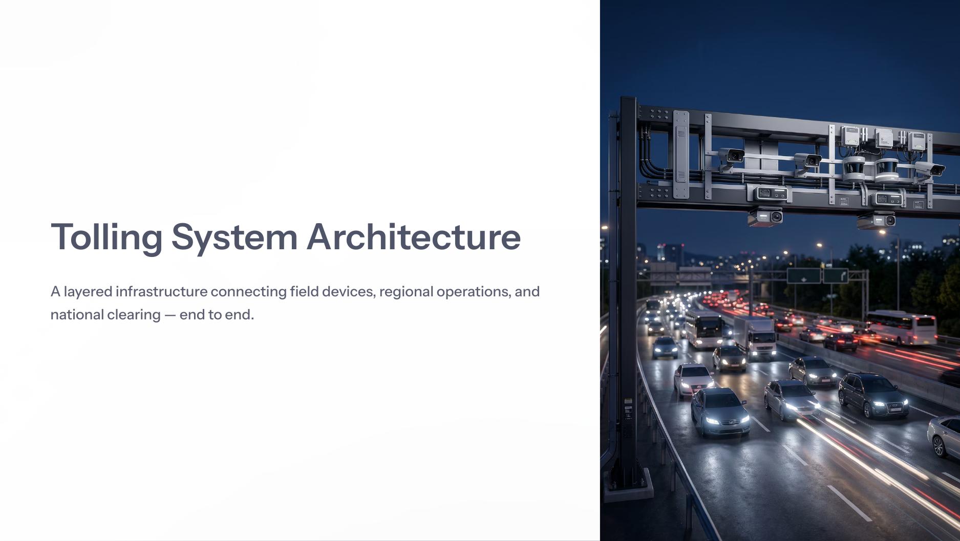 Multi-lane free-flow tolling gantry at night